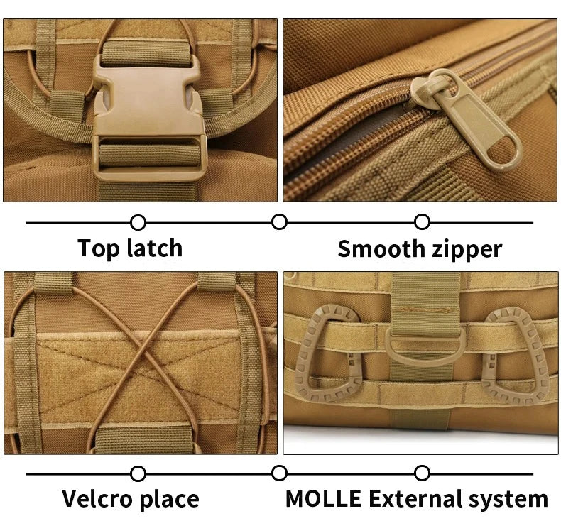 Close-up details of a tactical bag including top latch, smooth zipper, Velcro place, and MOLLE external system.