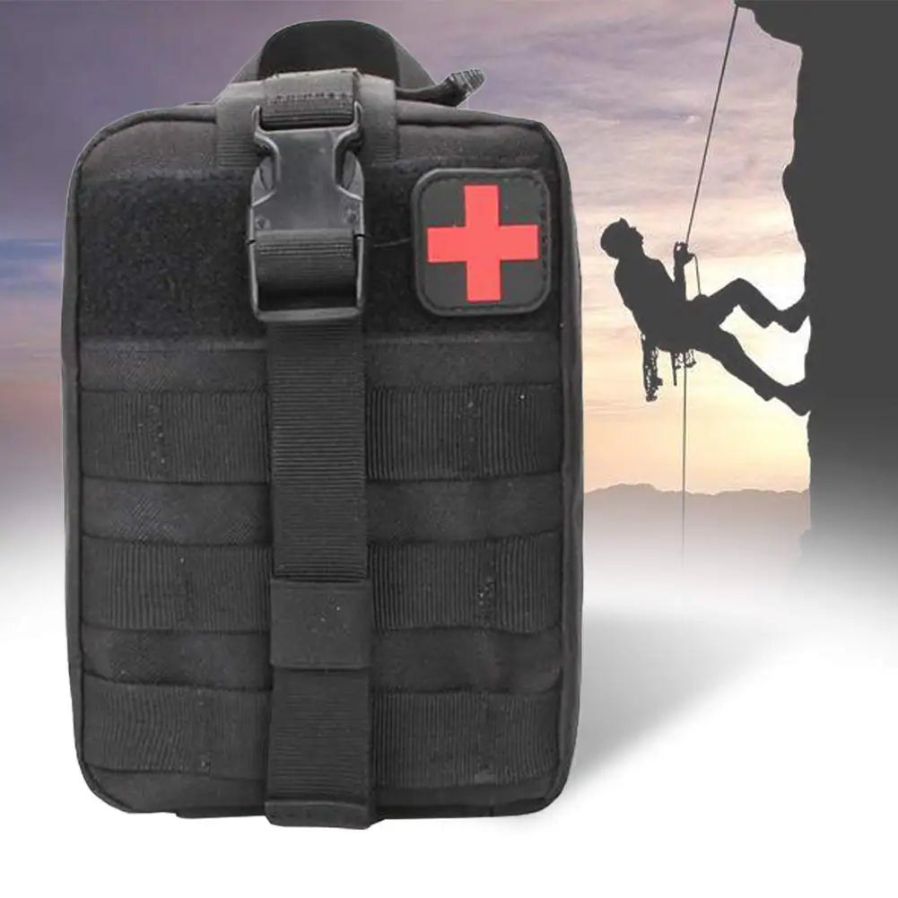 Black tactical bag with red cross patch on a white background