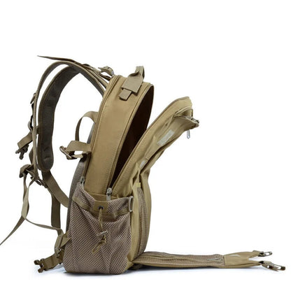 Tan backpack with multiple straps and pockets on a white background