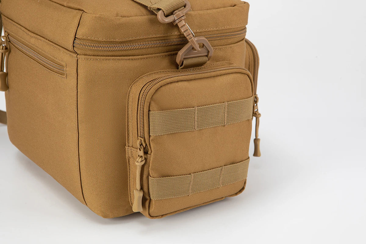 Brown tactical bag with multiple zippers and straps on a white background