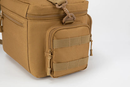 Brown tactical bag with multiple zippers and straps on a white background