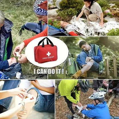 Collage of people using first aid kits in various scenarios, with a prominent red first aid kit in the center.