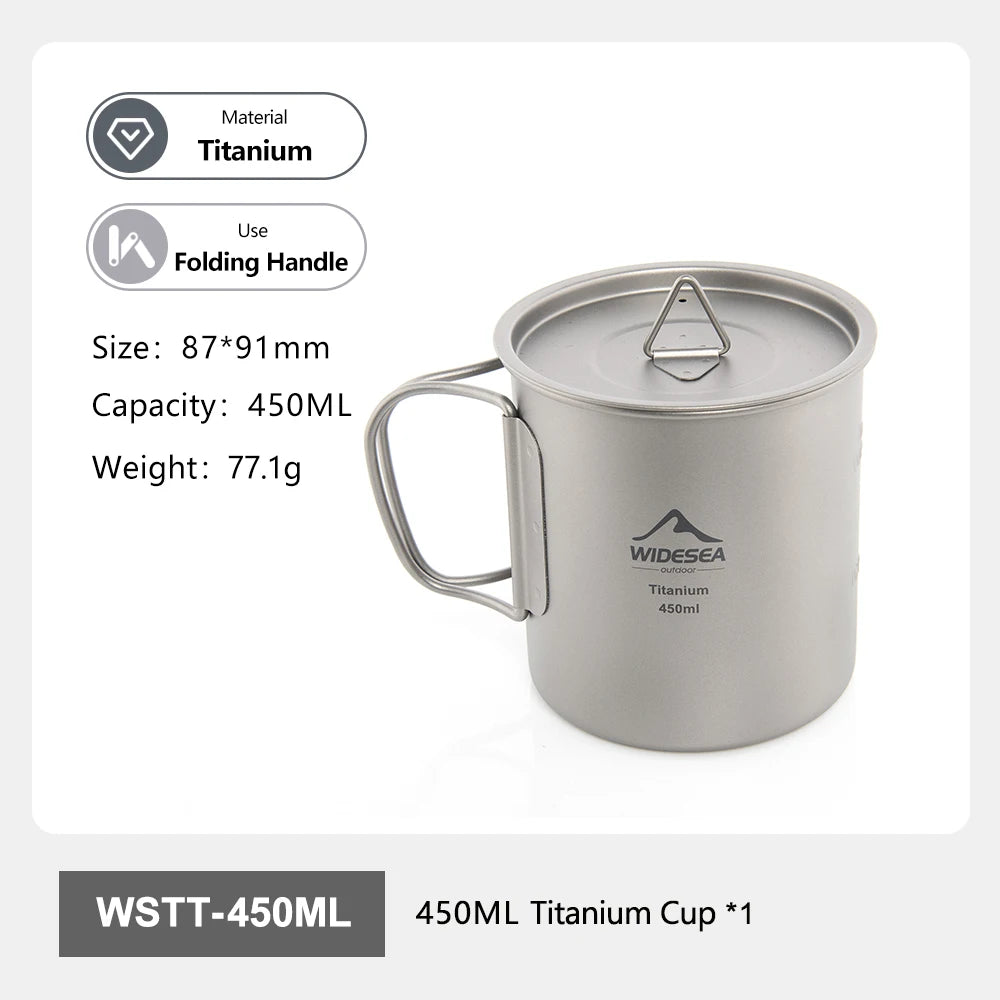 A 450ML titanium camping cup with a lid and folding handle, shown on a white background with product feature callouts and text including material, use, size, capacity, weight, and model WSTT-450ML.