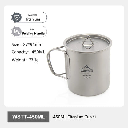 A 450ML titanium camping cup with a lid and folding handle, shown on a white background with product feature callouts and text including material, use, size, capacity, weight, and model WSTT-450ML.