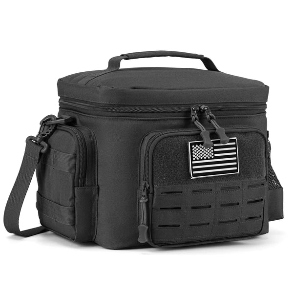 Black tactical cooler bag with American flag patch on a white background
