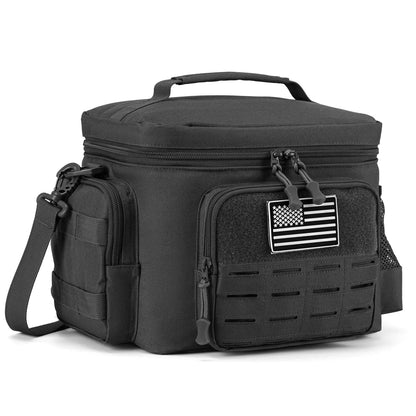 Black tactical cooler bag with American flag patch on a white background