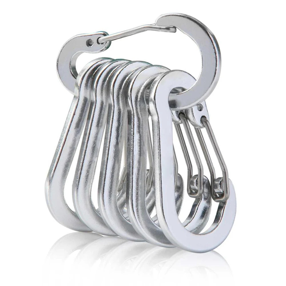 Set of silver carabiners on a white background