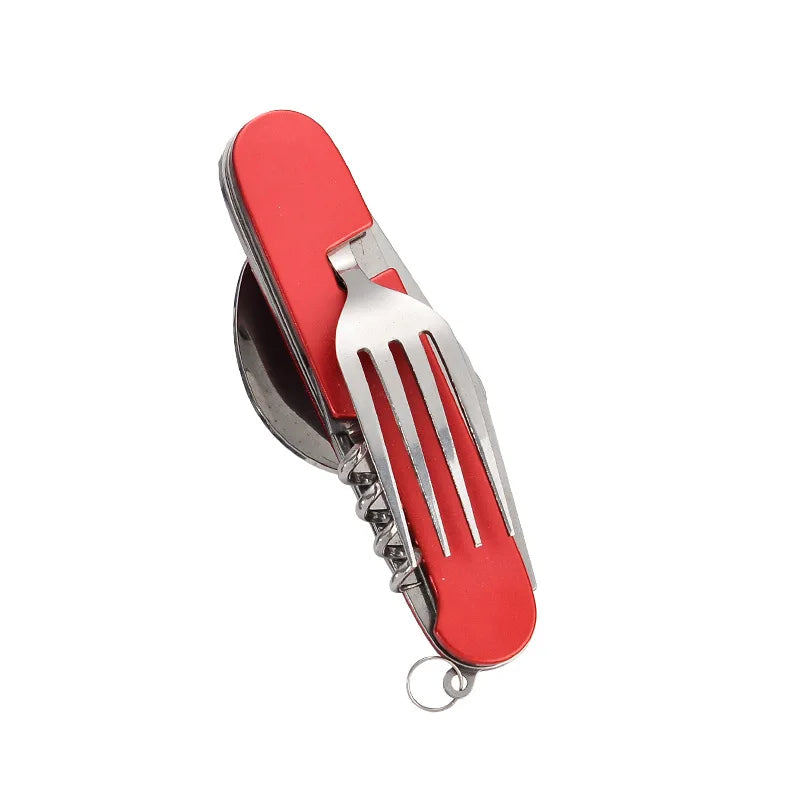 Red multi-tool with knife, fork, and spoon on a white background