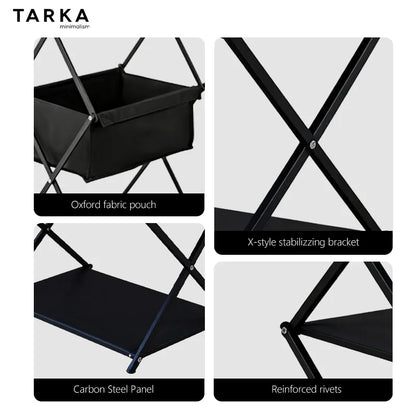 Black fabric pouch with X-style stabilizing bracket on a white background, featuring TARKA branding.