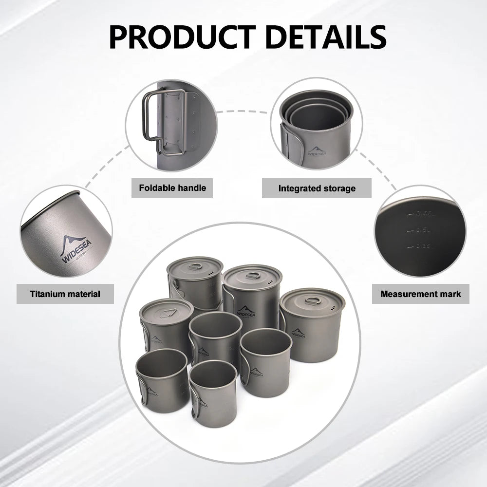Product details graphic for a titanium camping cup set, showing multiple gray metal cups with foldable handles, integrated storage, measurement markings, and a titanium material inset on a light gray background with the heading 'PRODUCT DETAILS'.