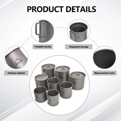 Product details graphic for a titanium camping cup set, showing multiple gray metal cups with foldable handles, integrated storage, measurement markings, and a titanium material inset on a light gray background with the heading 'PRODUCT DETAILS'.