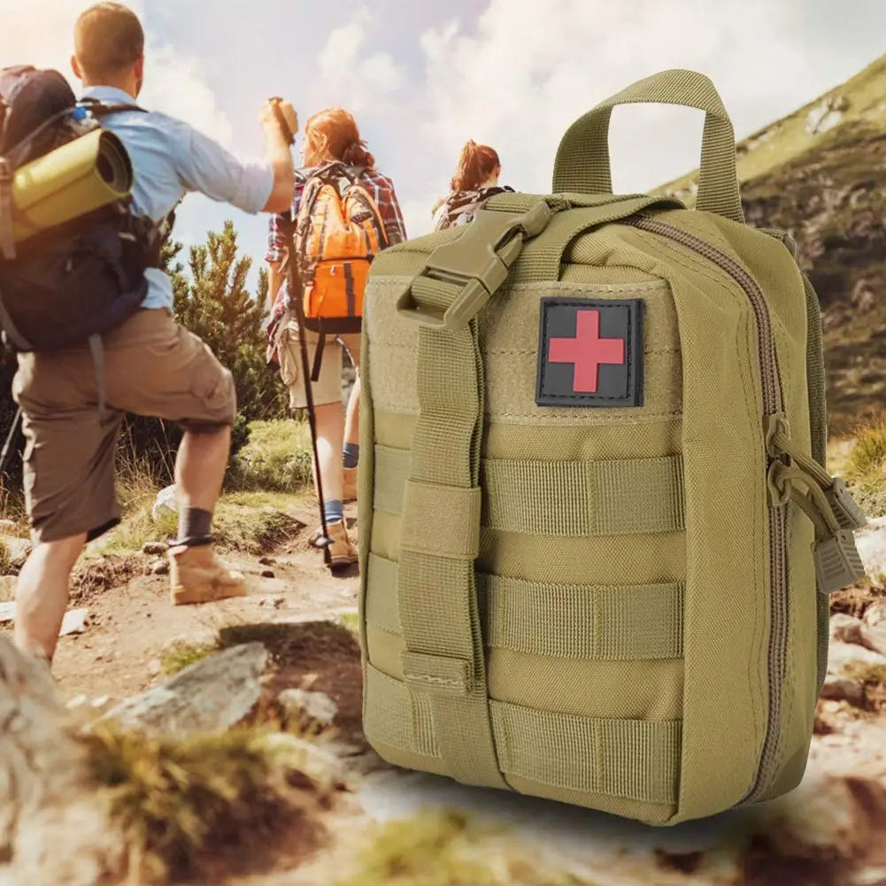 Green medical pouch with red cross on a hiking trail background