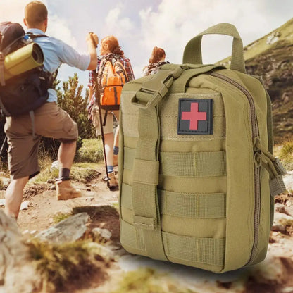 Green medical pouch with red cross on a hiking trail background