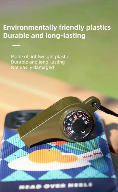 Green whistle with compass on a colorful bag, text about environmentally friendly plastics.