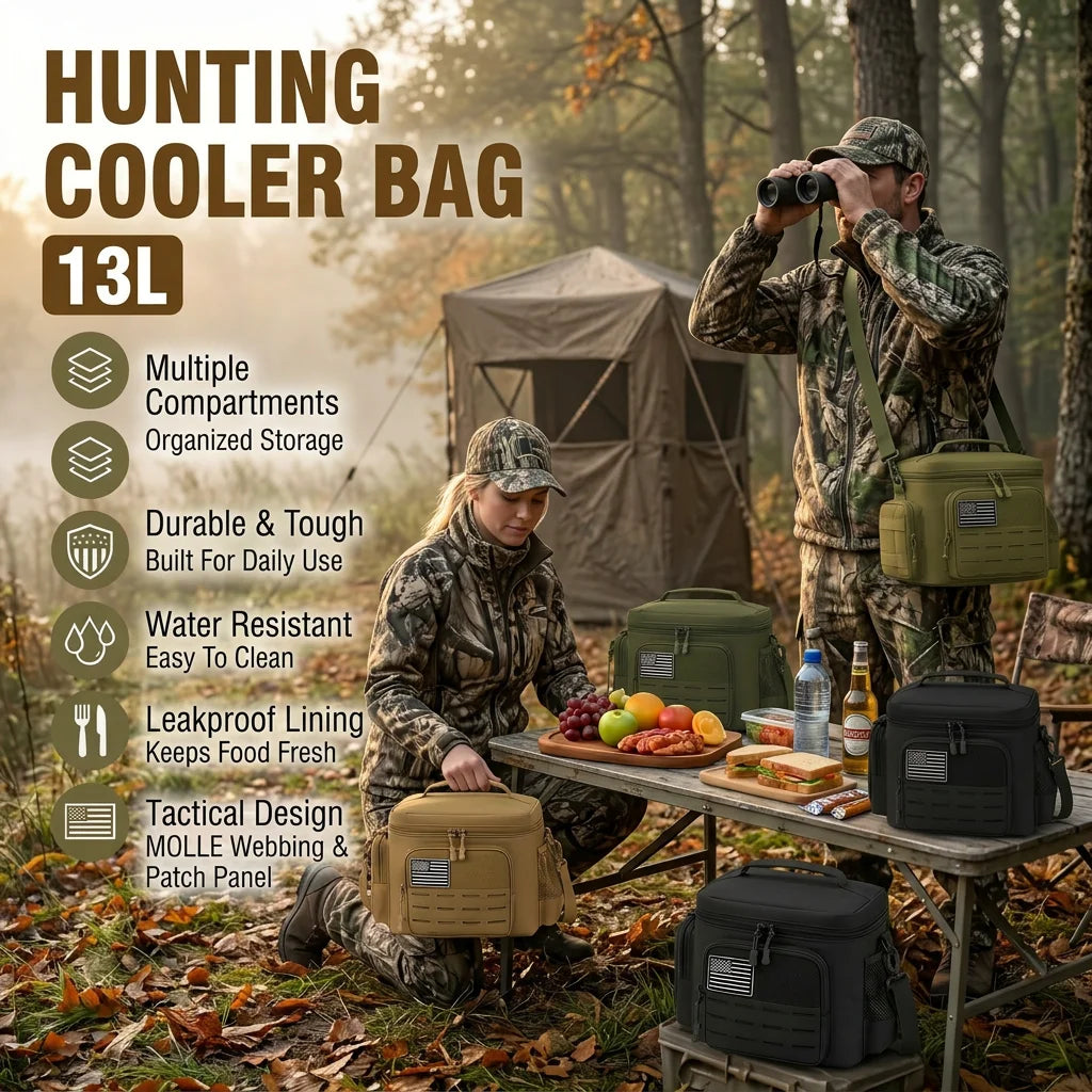 A hunting cooler bag shown in an outdoor forest setting with two people using it at a camp table, plus a large text callout listing features like multiple compartments, organized storage, durability, water resistance, leakproof lining, and tactical webbing. The product appears in olive green, tan, and black colorways.