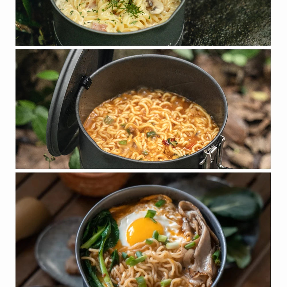 Collage of three images showing different types of noodle dishes in a portable pot outdoors.