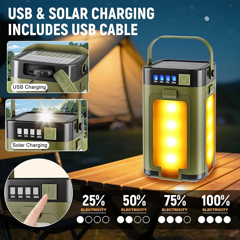 USB and solar charging lantern with power indicator on a camping scene background
