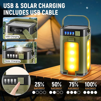 USB and solar charging lantern with power indicator on a camping scene background