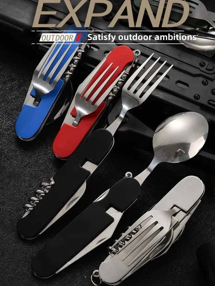 A set of outdoor multi-tool utensils including forks, spoons, and corkscrews in blue, red, black, and silver, arranged on a dark textured surface with a black case and 'EXPAND' branding at the top.