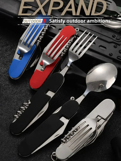A set of outdoor multi-tool utensils including forks, spoons, and corkscrews in blue, red, black, and silver, arranged on a dark textured surface with a black case and 'EXPAND' branding at the top.