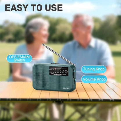 Portable radio on a table with an outdoor background, labeled for easy use.