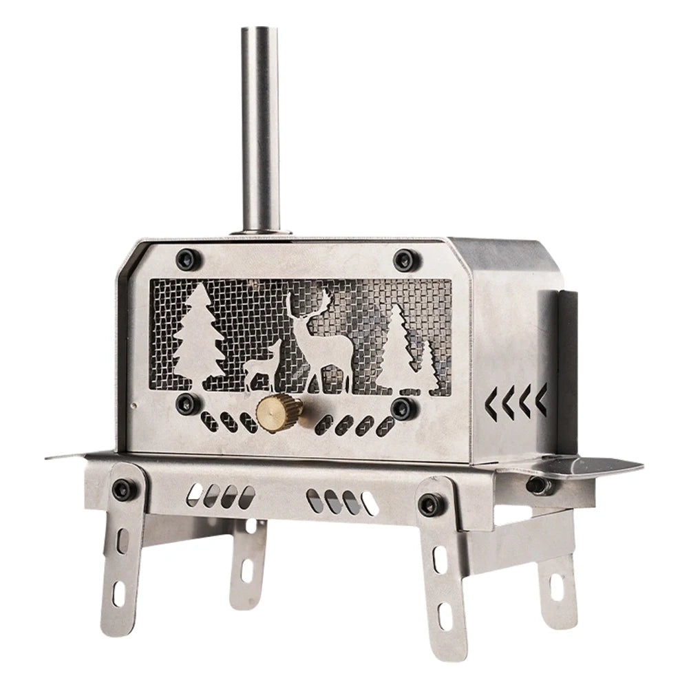 Metallic camping stove with nature-themed design on a white background