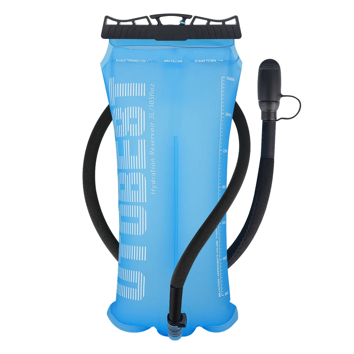 Blue hydration bladder with black pump on a white background