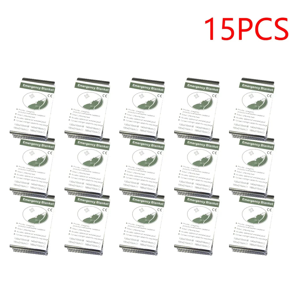 Packaging of 15 emergency blankets with green and white design on a white background.