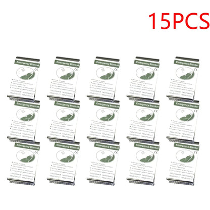 Packaging of 15 emergency blankets with green and white design on a white background.