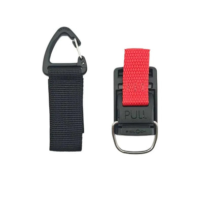 Black and red carabiner with strap on a white background