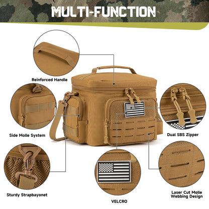 Tan tactical bag with multiple features highlighted on a camouflage background