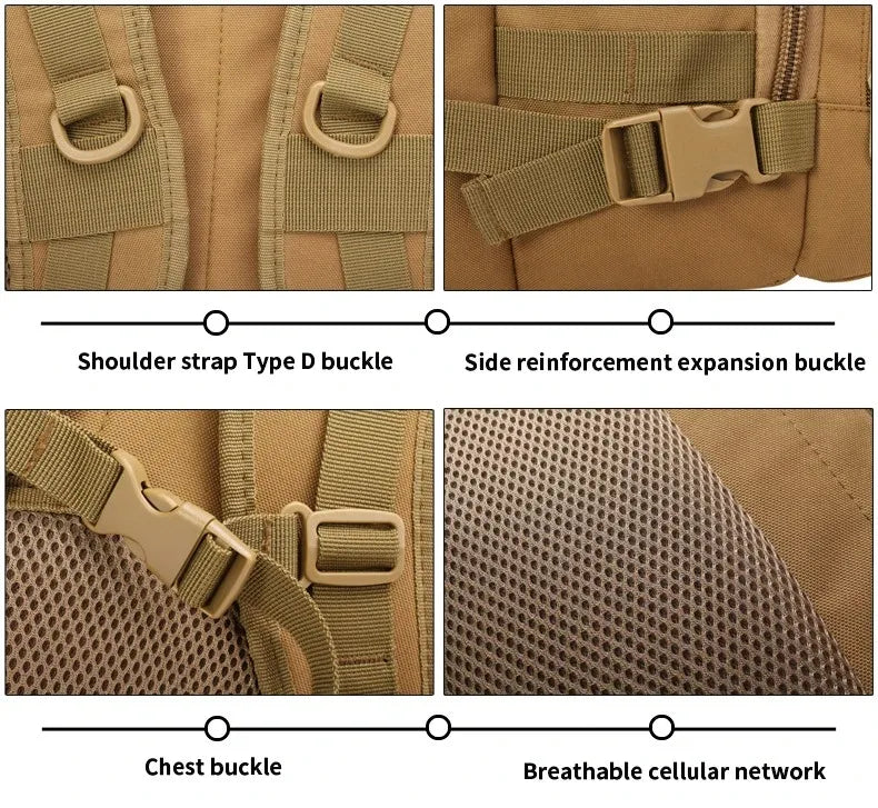 Close-up details of a tan backpack with shoulder strap, side reinforcement, chest buckle, and breathable cellular network.