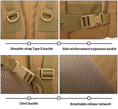 Close-up details of a tan backpack with shoulder strap, side reinforcement, chest buckle, and breathable cellular network.