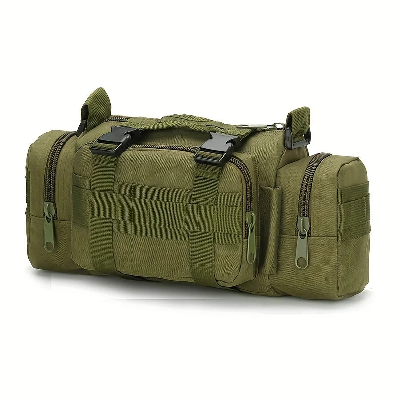 Green tactical duffel bag with multiple zippers on a white background