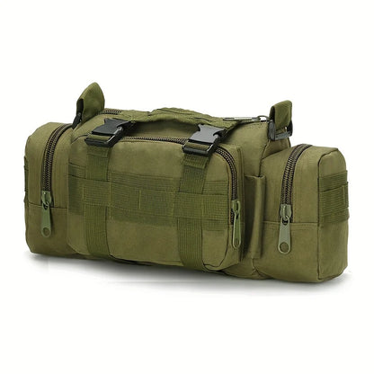 Green tactical duffel bag with multiple zippers on a white background