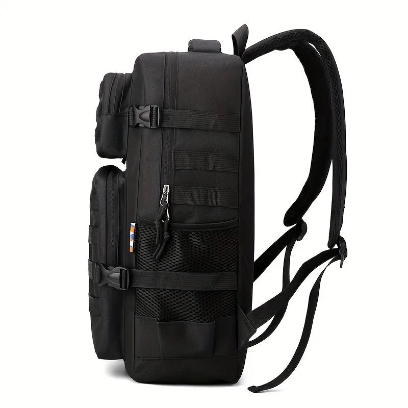Black tactical backpack on a white background