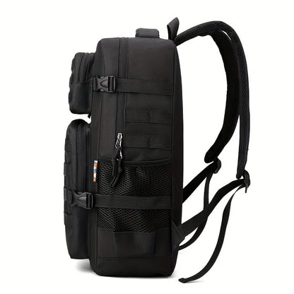 Black tactical backpack on a white background
