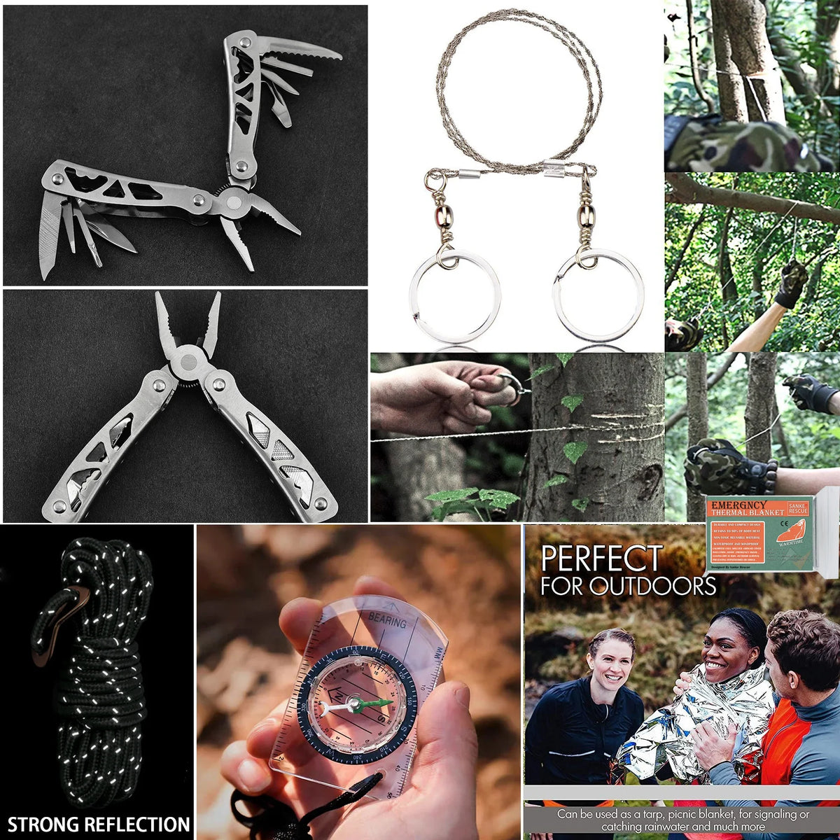 Collage of outdoor survival tools and gear with people in a forest setting.