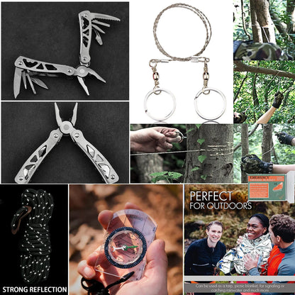 Collage of outdoor survival tools and gear with people in a forest setting.