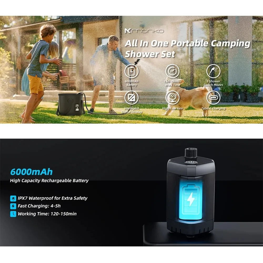 Promotional graphic for a K'Ningbo portable camping shower set, showing a lifestyle scene with a man washing a dog in a backyard above, and a close-up of the black cylindrical shower unit with a glowing blue battery indicator below on a dark background.