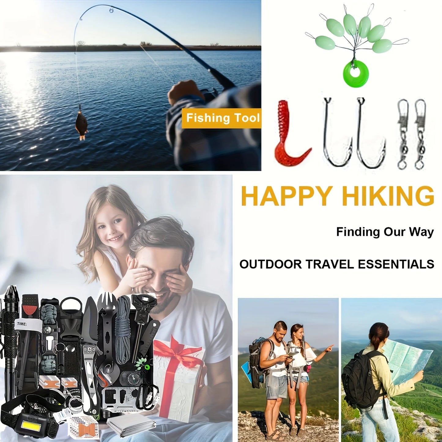 Collage of outdoor activities and travel essentials including fishing, hiking, and camping gear.