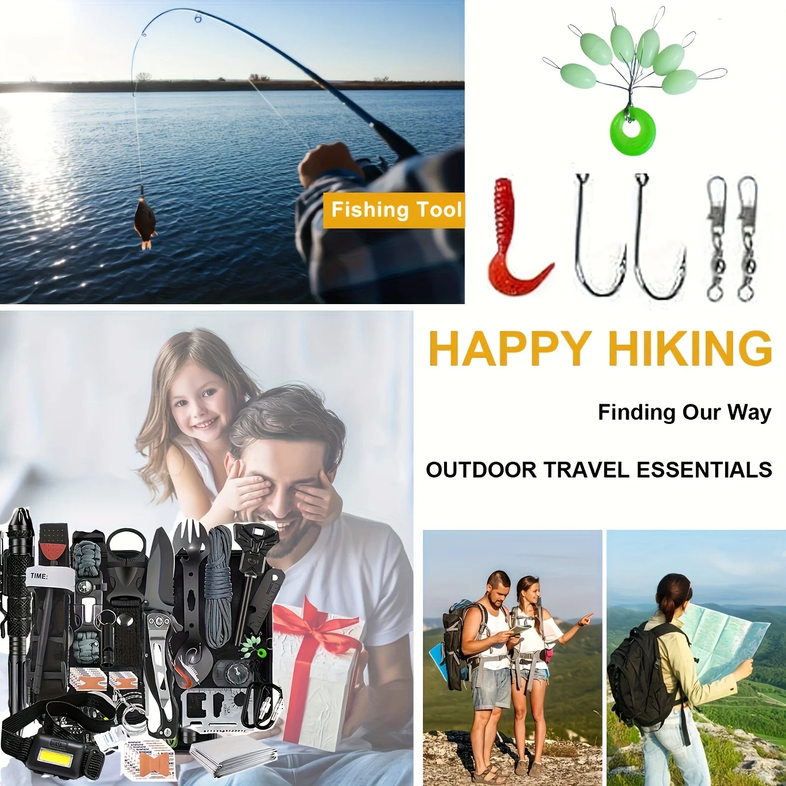 Collage of outdoor activities and travel essentials including fishing, hiking, and camping gear.