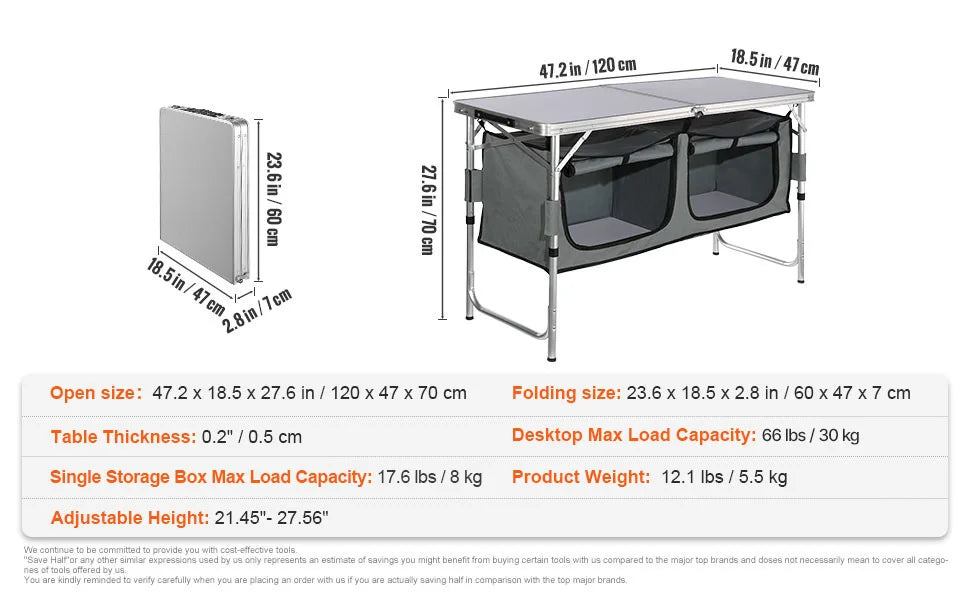 Camping table with dimensions and specifications on a white background