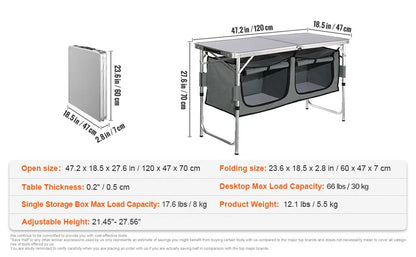 Camping table with dimensions and specifications on a white background