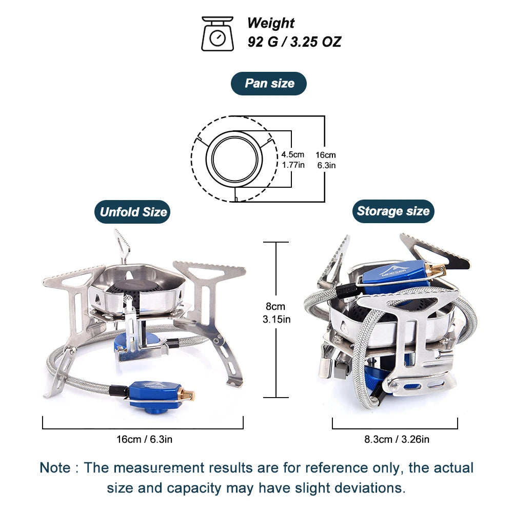 Portable stove with measurements and specifications on a white background