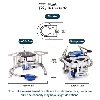 Portable stove with measurements and specifications on a white background