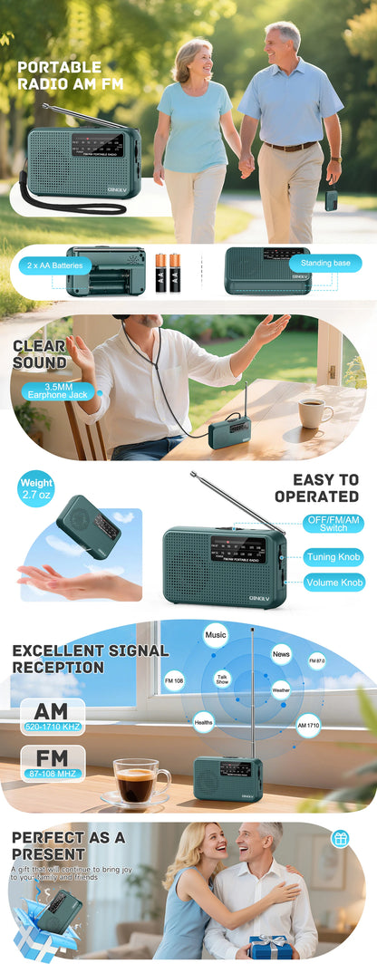 Portable radio AM FM with features highlighted on a white background