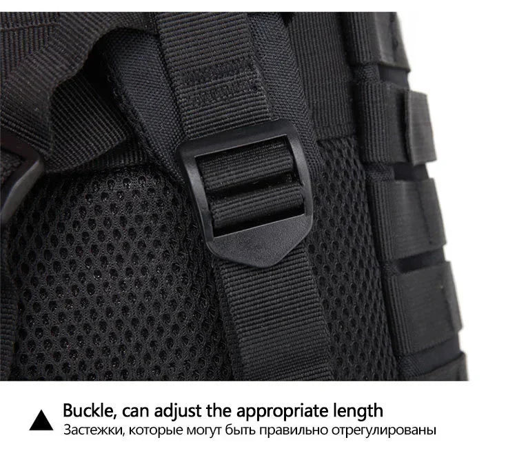 Black tactical backpack with adjustable buckle on a white background