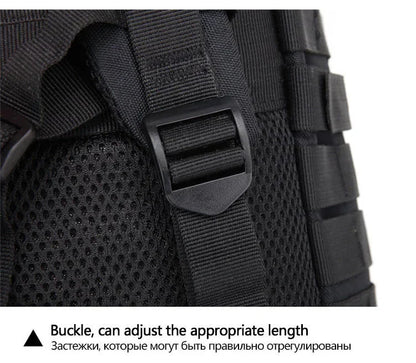 Black tactical backpack with adjustable buckle on a white background