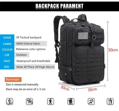 Black tactical backpack with American flag patch, dimensions, and fabric details displayed.